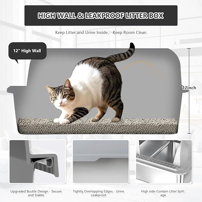 Stainless Steel Cat Litter Box with Lid Extra Large Metal Pan Tray with Enclosed High Sides for Big Cats Multi-Cat, XL Non-Stick Anti-Leakage Easy Cleaning Includes Scoop(Grey)