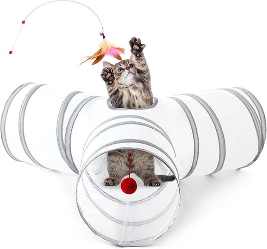 Love's cabin Cat Tunnel Tube Toys 3 Way Collapsible, Cat Tunnels for Indoor Cats,Kitten Tunnel Bored Pet Play Tunnel with Peek Hole Toy Ball for Kitty, Kitten, Rabbit, Light Gray&Gray
