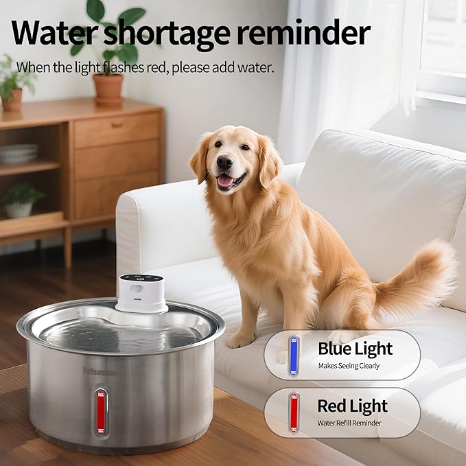 11L Wireless Smart Stainless Steel Water Fountain, Petsamuse 5000MAH Battery 2.8Gal Large Dog Water Fountain with 2 Quiet Pumps Large Dog Water Dispenser with Motion Sensor, Timer Mode & 15 Filters