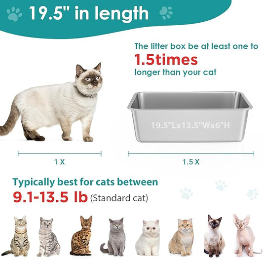 IKITCHEN Stainless Steel Cat Litter Box, Large Metal Litter Box for Cats, Never Absorbs Odors,Stain Free, Rustproof, Non Stick Smooth Surface, Anti-Slip Rubber Bottom, 19.5" L x 13.5" W x 6" H