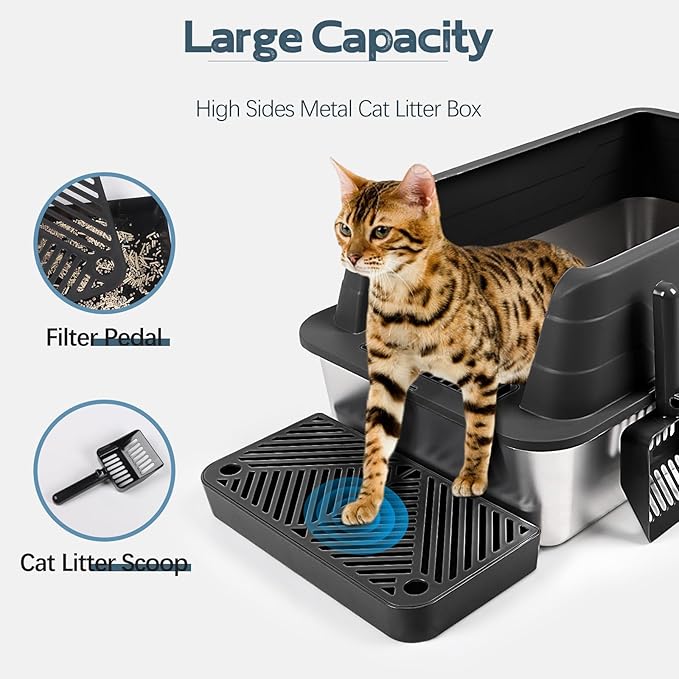 3 Pack Stainless Steel Litter Box, XL 22.9” x 15” x 10.3” High Sided Metal Cat Litter Tray with Scoop, Filter Pedal for Anti-Splash, Non-Sticky, Easy to Clean (Black)