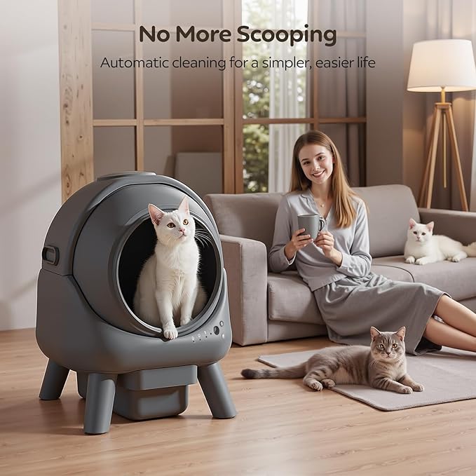 Self Cleaning Litter Box for Multiple Cats – Automatic Cat Litter Box with App Control, Odor-Free Waste Disposal, Dual Safety Sensors, Litter Bags, Grey-Qx2