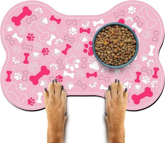 Dog & Cat Food Mat Bone Shaped Pet Feeding Mat Quick Absorb Water Bowl Placemat with Rubber Backing Indoor Floor Stain Resistant Pet Accessory Supplies (Light Pink, 16x24 Inches)