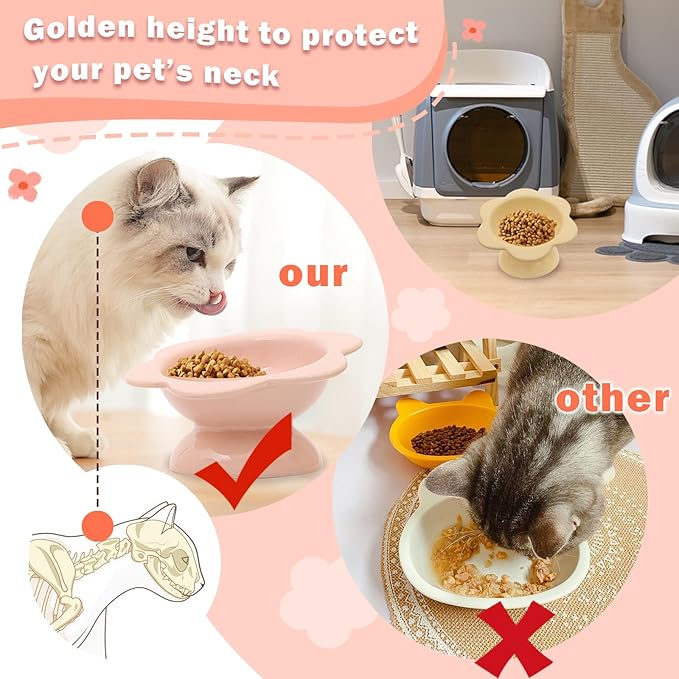 2 Pcs Ceramic Raised Cat Bowls - Flower Design, 7 oz Tilted Elevated Cat Food & Water Bowl for Anti Vomiting & Spine Protection