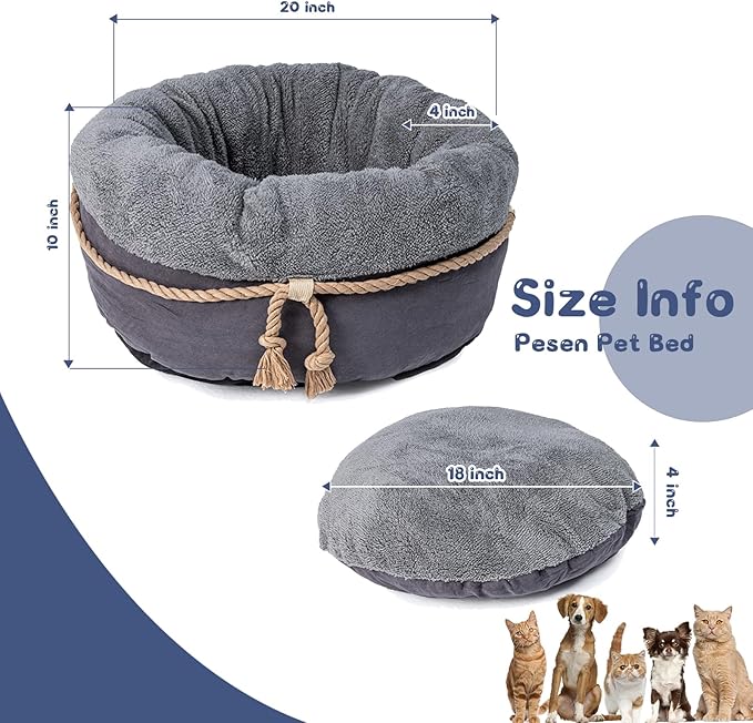 pesen Cat Bed & Small Dog Bed with Supportive Walls, Thick Bottom, Calming Donut Shape, Soft Durable Fabric, 20x20x10 Cat Beds for Indoor Cats