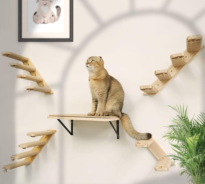 Cat Climbing Shelves Four Stair Shelf Wall Mounted Reversible Left & Right Direction, Cat Stairway Shelf for Climbing with Sisal Rope Ladder Wall Pets Furniture