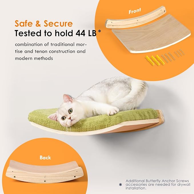 Curved Cat Shelves and Perches, Floating Cat Wall Bed with Comfortable Cushion