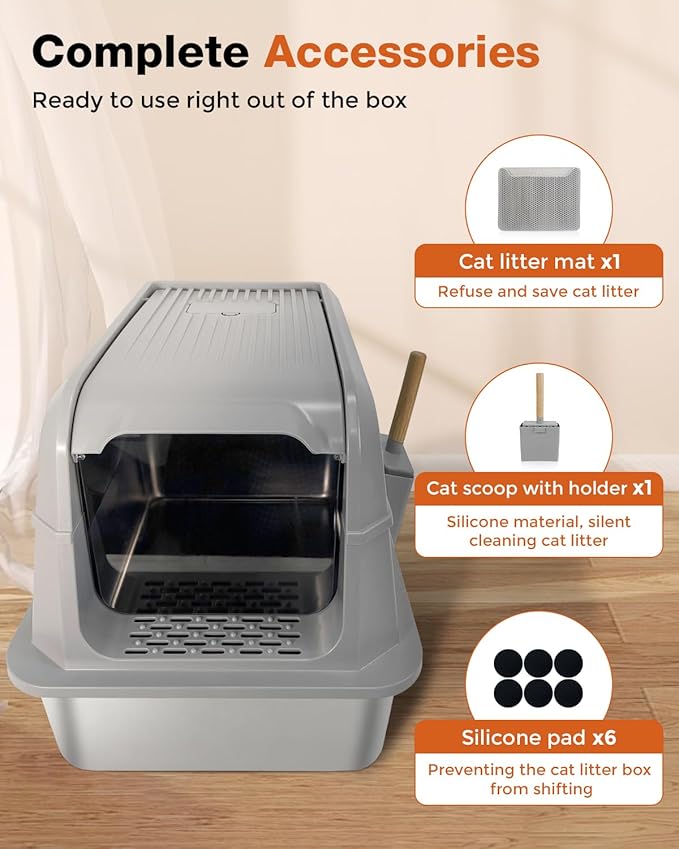 Stainless Steel Litter Box with Lid - Extra Large Cat Litter Boxes for Big Cats with Mat & Scoop - Anti-Leakage, Odor-Proof, High-Sided, Non-Stick& Easy to Clean - Ideal for Multi-Cat Homes - Gray