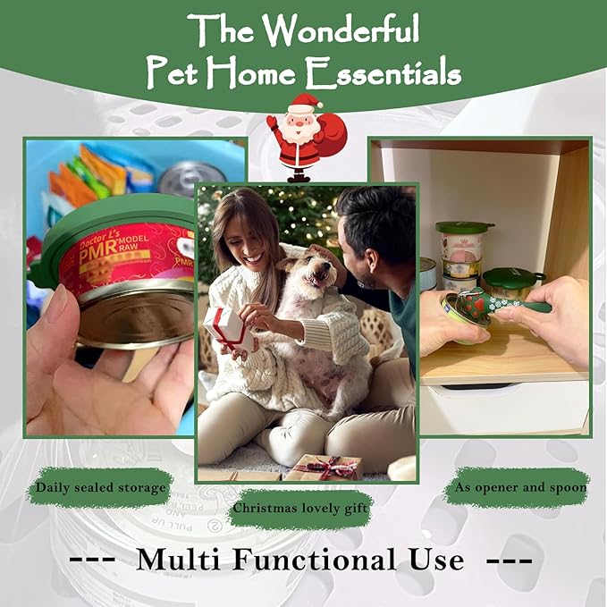 Christmas Pet Set - 3 Cat Food Can Lids & 1 BPA-Free Can Opener | Cute Paw Shape Opener Spatula Spoon for Wet Food | Silicone Spoon & Covers for Dog Cat - Christmas Green