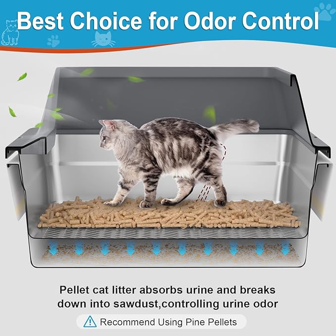 28''L×20''W×10''H XXXL Stainless Steel Sifting Litter Box with Lid,Sifting Cat Litter Box for Wood Pine Pellets,High Sides Sifter Litter Pan System,Odor Control,Easy to Clean,with Liners and Scoop