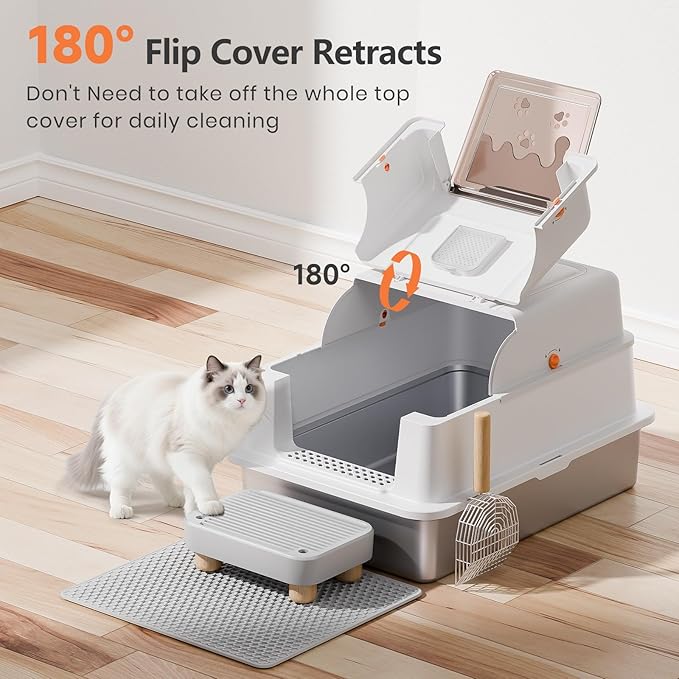 Stainless Steel Litter Box with Lid, 28" Extra Large Cat Litter Pan, Enclosed Metal Litter Box with Litter Scoop & Filter Pedal, Anti-Leakage, Odor Free, Non-Sticky, Anti-Leakage, Easy Cleaning