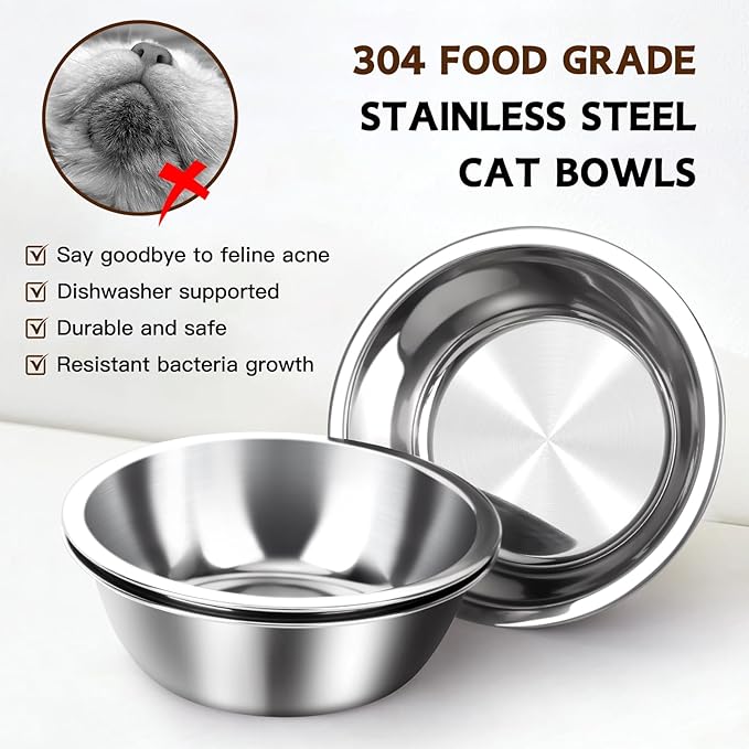 Elevated Cat Food Bowl, 3 Stainless Steel Raised Cat Bowls with Stand, 15°Tilted Cats Bowl for Indoor Cats, Pet Food and Water Bowl Set, Anti Vomitting, Whisker Fatigue and Dishwasher Safe - White