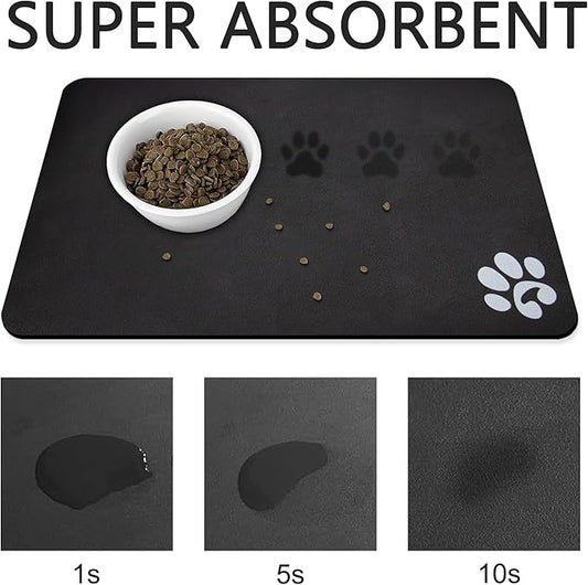 YCT Pet Cat Food Mats for Dog Food Mat, Cat Mat for Food, Pet Dog Cat Feeding Mat Eating Mat Pet Dog Cat Bowl Mats, Non-Slip Super Absorbent, with Footprints Logo,18.1 x 11.8 inches, Black