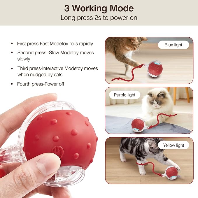 Electric Interactive Cat Toy Ball - Automatic Rolling Silicone Cat Toys for Indoor Cats, Durable Chew-Proof Motorized Kitty Ball with LED Light, Fun Exercise Toys for Bored Kittens(red)