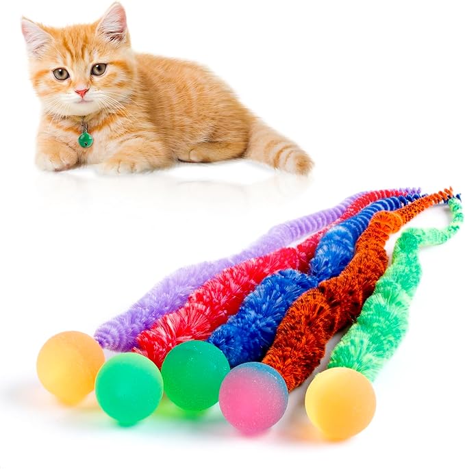 Mixed Bouncy Balls for Cats 5 Pack,Fuzzy Worm Cat Worm Toys with Ball,Magic Worm Bouncy Ball with Tail Cat Toy