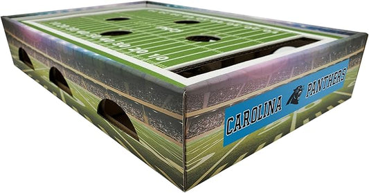 NFL Carolina Panthers Football Stadium Cat Scratcher Find & Play Box With 2 Jingle Bell Balls - Game Day Toy, Field Felt Scratcher, Play and Lounge Stimulating Game
