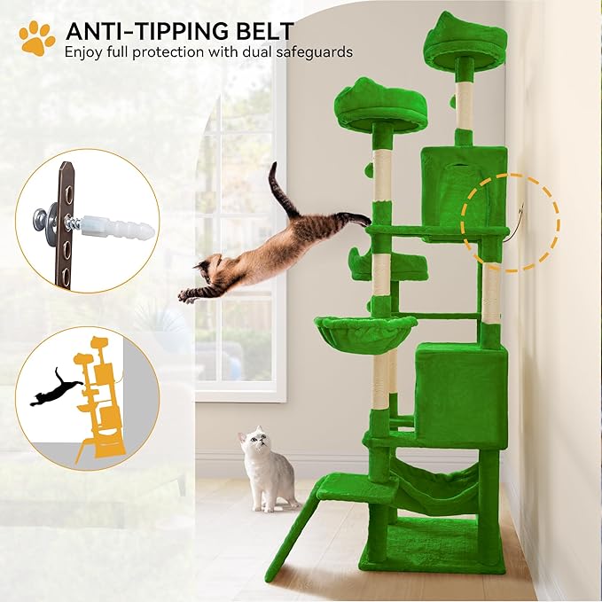 YITAHOME 75-Inch Tall Cat Tree Indoor: Multi-Level Kitten Tower with Kitty Condos, Top Perches, Sisal Ramp, Scratching Posts & Cozy Basket Hammocks Pet Play House Green