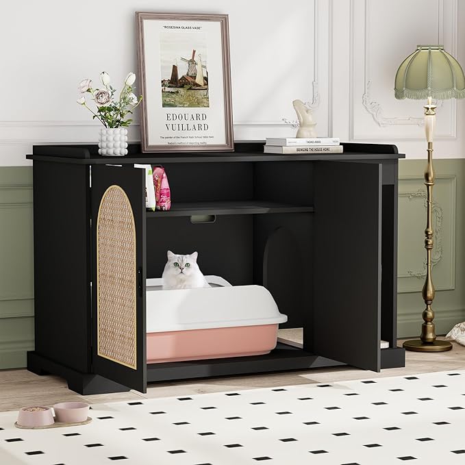 Large/Tall Cat Litter Box Enclosure, Hidden Litter Box with Convenient Entrance Large Shelf, Farmhouse Enclosed Litter Box Cabinet Rattan Cat House for Living Room Entryway (Black)