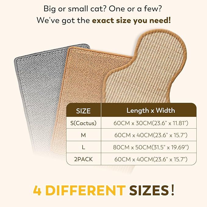 Cat Scratcher Mat with Sticky Tapes, 31.5" x 19.7" Sisal Cat Scratching Carpet for Indoor Cats, Horizontal Cat Scratcher for Cat House, Scratching Posts, and Couch Protection(Camel)