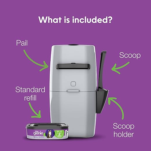 Litter Genie Standard Pail (Silver) | Cat Litter Box Waste Disposal System for Odor Control | Includes 1 Square Refill Bag