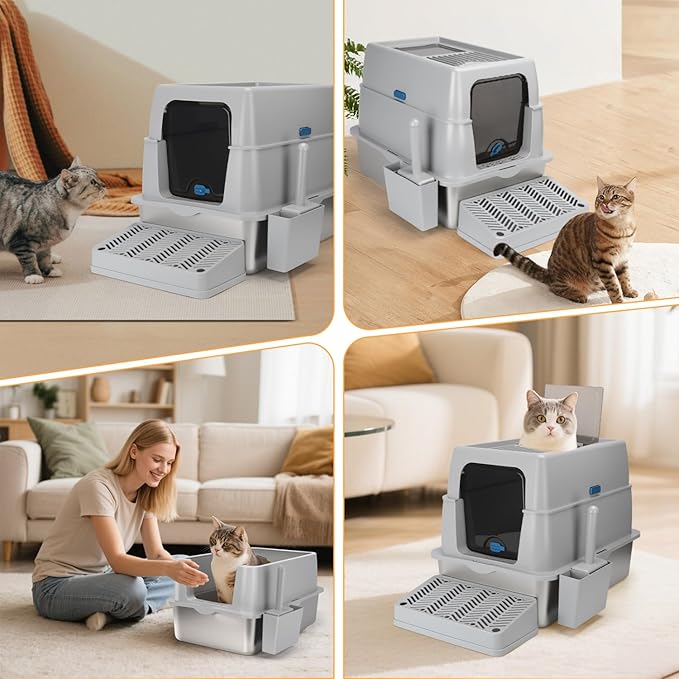 Nobleza Stainless Steel Cat Litter Box Extra Large Open-Top Enclosed Design Metal Litter Pan, Indoor Litter Tray, Non Stick, No Smell, Easy to Clean, Pet Toilet Supplies for Kitten, Kitty, Rabbit