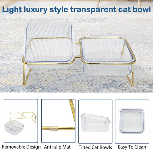 Elevated Double Cat Bowls,5.7" Pets Water and Food Bowl 15°Tilted Transparent Raised Kitten Food Feeding Dishes with Iron Stand Anti Slip Kitty Dishs Rose Gold Bowl Set for Kittiens Small Dogs