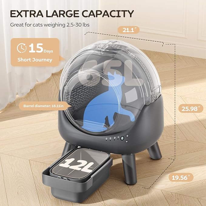 Self Cleaning Litter Box,Automatic Cat Litter Box for Multiple Cats,Robot with APP Control,Smart Dual Safety Protection,Odor-Free Waste Disposal Includes Trash Bags,Grey S20