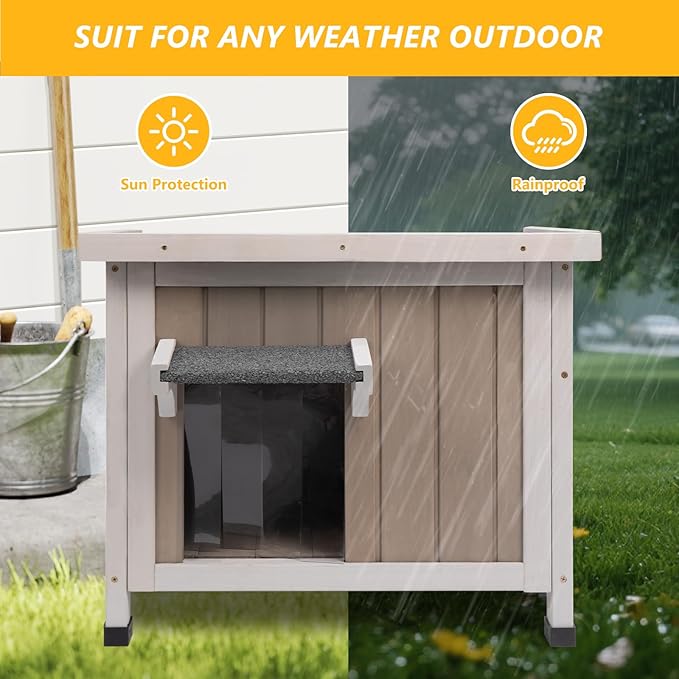 22.44" L Cat House,Feral Cat Shelter for Summer Cats,Outdoor Weatherproof Cat Enclosure with Openable Asphalt Roof & 2 Escape Doors for Small Cats,Suit for 1-2 Cat,Grey