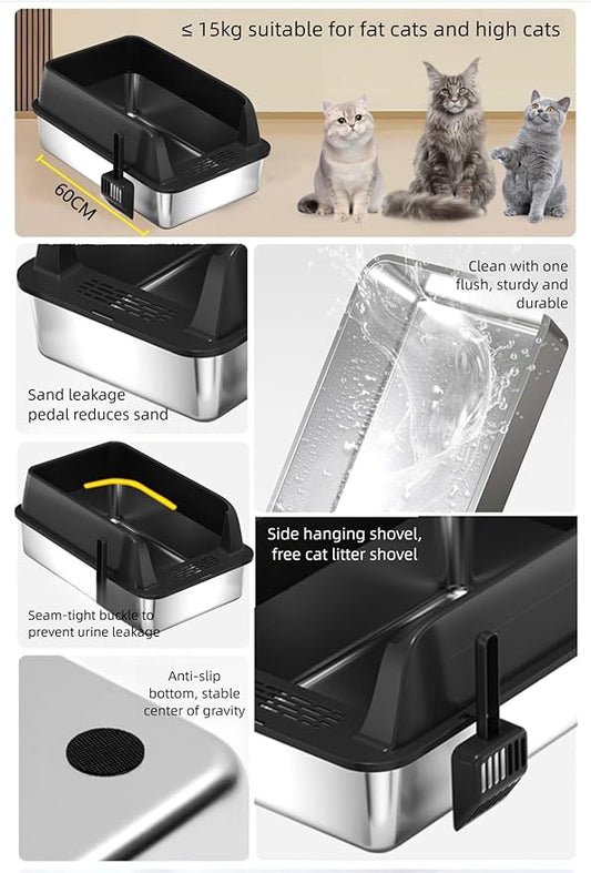 Stainless Steel Cat Litter Box,Metal Kitty Litter Box with High Wall Sides Enclosure for Big and Small Cats, Odor Control, Easy Clean,Non-Sticky, Anti-Leakage