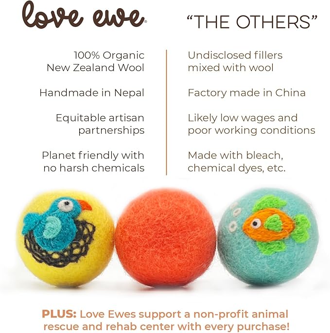 Hustle & Blush Wool Felt Balls 3 Pack Love Ewe Pet Supplies - 2in Cat Toys, 100% New Zealand Wool, Handmade Colorful Balls for Cats - Fish and Bird