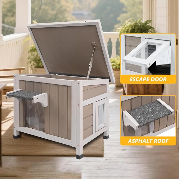 22.44" L Cat House,Feral Cat Shelter for Summer Cats,Outdoor Weatherproof Cat Enclosure with Openable Asphalt Roof & 2 Escape Doors for Small Cats,Suit for 1-2 Cat,Grey