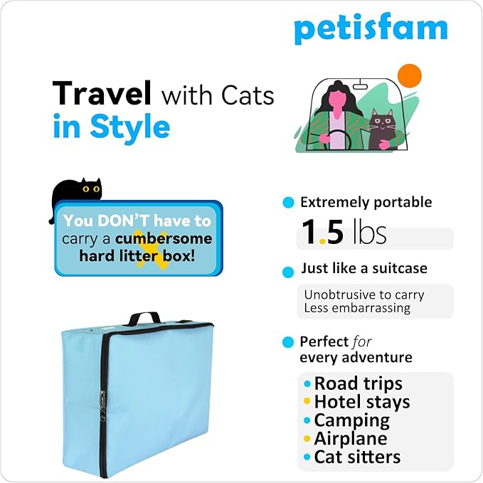 Portable Cat Travel Litter Box with Leak-Proof Zipped Lid to Keep Odor and Litter Contained. Lightweight to Carry Around (Blue, Large)
