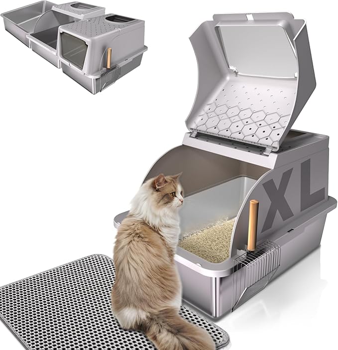 Stainless Steel Cat Litter Box with Lid, 180° Flip Top XL Enclosed Litter Box with Trapping Mat & Metal Scoop, Front Top Dual Entry Steel Extra Large Cat Litter Pan