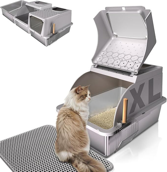 Stainless Steel Cat Litter Box with Lid, 180° Flip Top XL Enclosed Litter Box with Trapping Mat & Metal Scoop, Front Top Dual Entry Steel Extra Large Cat Litter Pan
