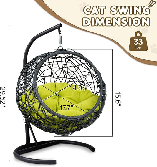 KEIKI Cat Hammock with Stand - Rattan Wicker Swing Bed, Cozy Egg Chair for Cats & Small Dogs, Green Cushion Included