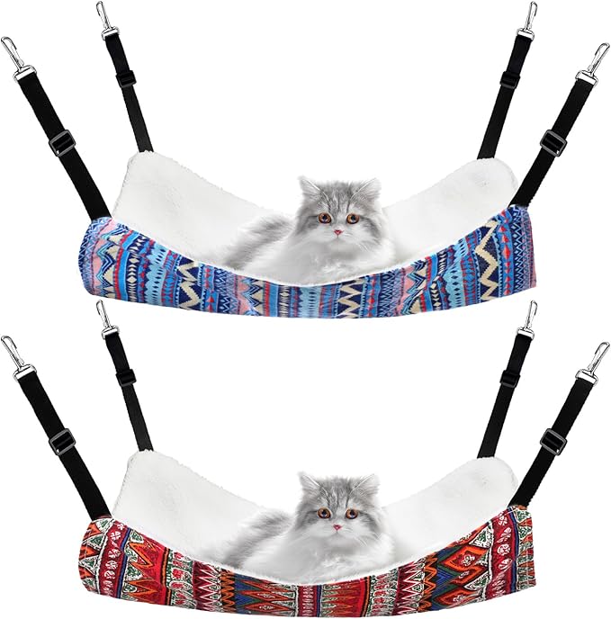 2 Pieces Reversible Cat Hanging Hammock Soft Breathable Pet Cage Hammock with Adjustable Straps and Metal Hooks Double Sided Hanging Bed for Small Dogs Rabbits(Ethnic Pattern,L)