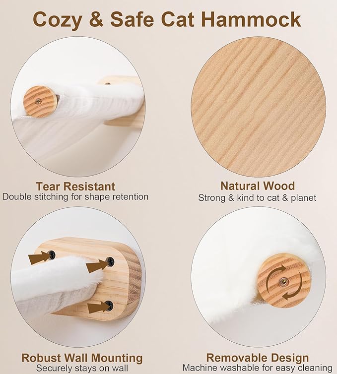 Cat Wall Shelves Set of 4, with 1 Floating Fabric Hammock, 2 Ladders with 4 Steps Each & 1 Flat Shelf – Wall Mounted Bed Furniture & Climber for Large Cats, Indoor Playground