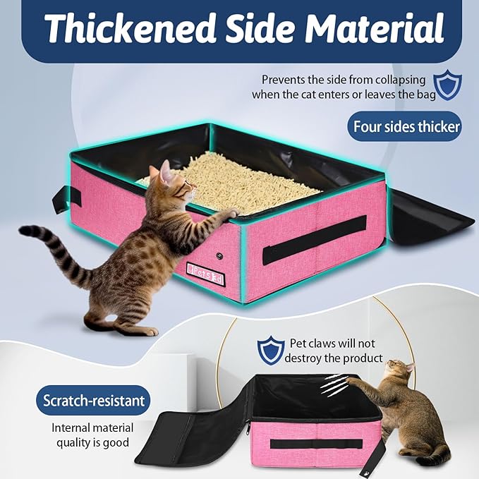 Petskd Portable Cat Travel Litter Box with Lid and 10 pcs Disposable Liner Bags, Leak-Proof and Collapsible, Cat Travel Essentials for Car, Hotel, Airplane and Other Outdoor Use(Pink)