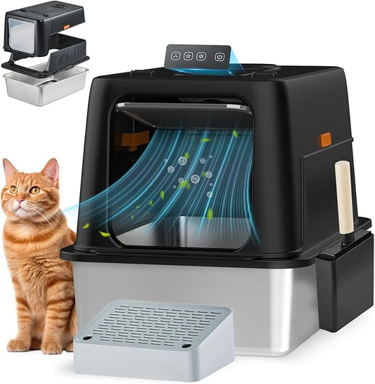 Smart Odor Control Cat Litter Box with Lid, Stainless Steel Cat Litter Box with Infrared Sensor, Large Litter Boxs for Cats, 3 in 1 Design and 135° Flip-Top, Litter Scoop & Foot Pedal