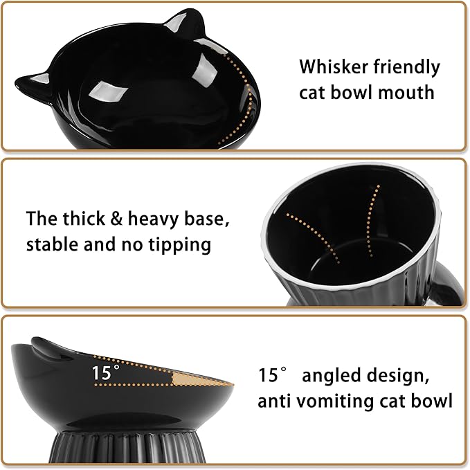Ceramic Raised Cat Bowl,Tilted Raised Bowl Anti Vomit for Indoor Cats Whisker Friendly Pet Feeder for Cats Puppies, Microwave and Dishwasher Safe (Black)