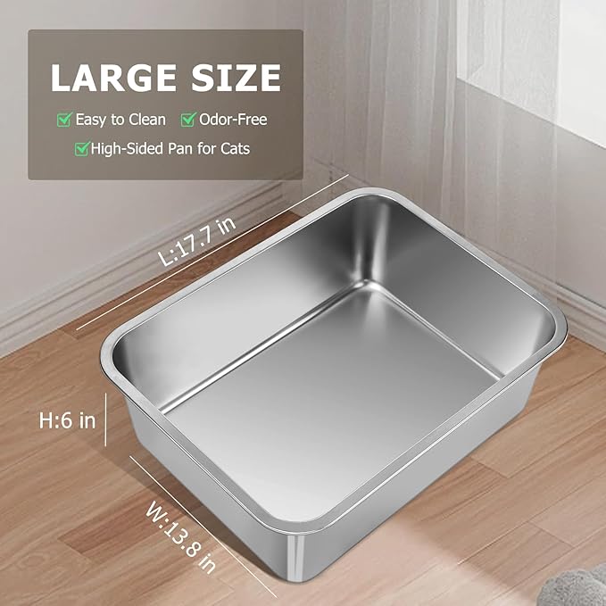 Stainless Steel Cat Litter Box - Metal High Sided Cat Pan, Large Stainless Steel Box, Indoor Litter Tray, Non Stick, No Smell, Easy-Clean Design for Hygienic Pet Care – Large Size for All Cats