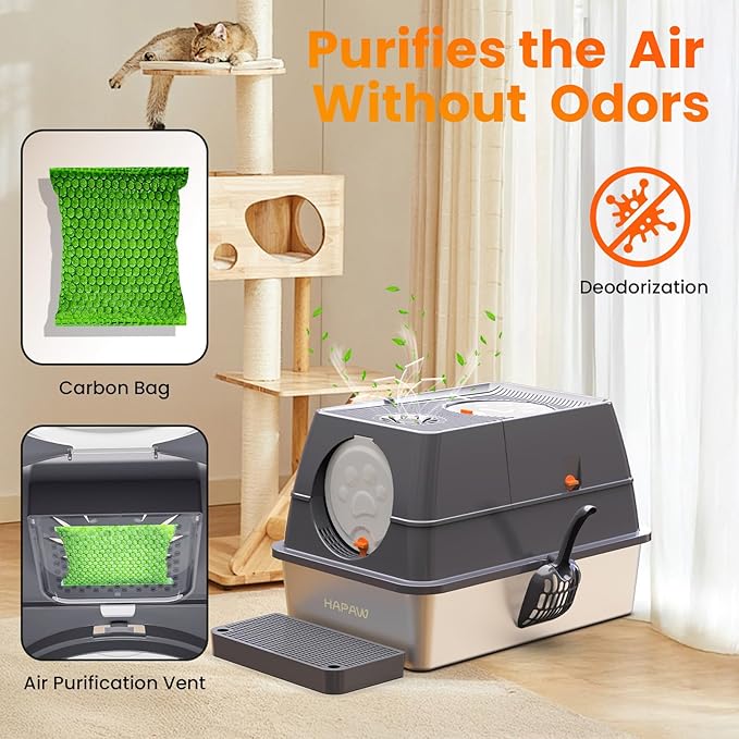 Stainless Steel Litter Box with Lid, 135° Flip-Top Extra Large Cat Litter Pan, Enclosed Metal Litter Box with Litter Scoop & Filter Pedal, Odor Free, Front & Top Dual Entry