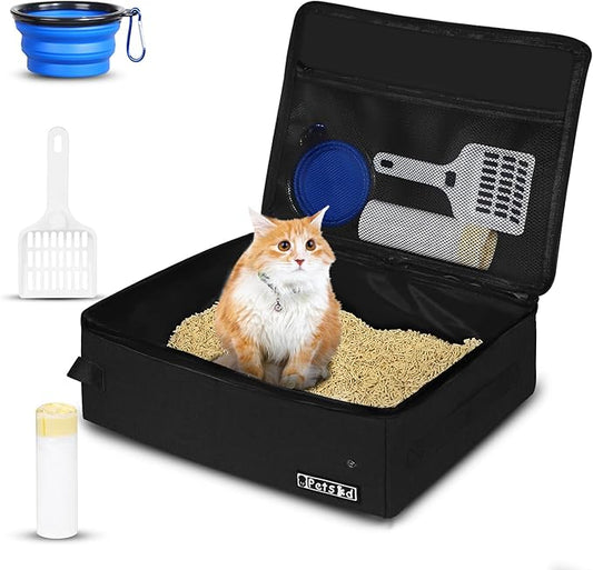 Petskd Portable Cat Travel Litter Box with Lid and 10 pcs Disposable Liner Bags, Leak-Proof and Collapsible, Cat Travel Essentials for Car, Hotel, Airplane and Other Outdoor Use(Black)