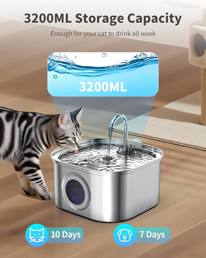Cat Water Fountain Stainless Steel, 108oz/3.2L Automatic Pet Water Dispenser with 5V Quiet Pump, Triple Filtration, Visible Water Level Window, for Cats, Dogs, Multi-Pet Homes