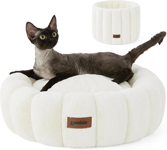 Plush Donut Kitten Beds, Round Small Dog Bed for Puppies, Anti-Slip Bottom, Beige