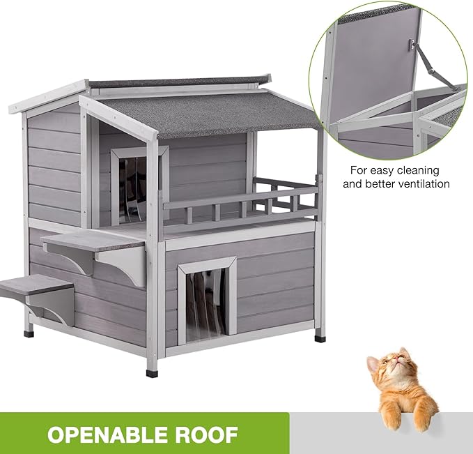 GUTINNEEN Cat House Outdoor Indoor, 2 Story Feral Cat Shelter with Escape Door, Wooden Stray Cat Home with Large Balcony, Weatherproof