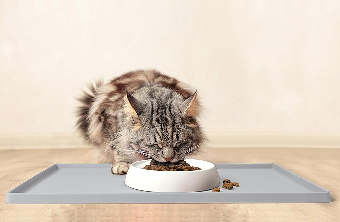 CatGuru Cat Food Mat, Small & Large Pet Feedingd Mat, 100% Waterproof Cat Mats for Food and Water, Silicone Mats for Pet Bowls, Non-Slip Placemat for Water Bowl or Fountain (Large, Silver)