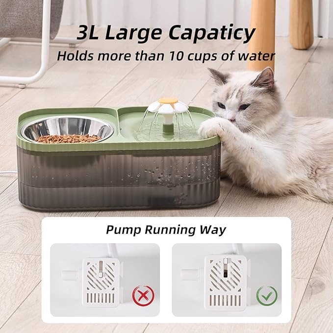 Cat Water Fountain and Food Bowl, 3L/101oz Ultra Quiet Pet Water Dispenser with Smart Pump and 3 Replacement Filters, Automatic Flower Fountain & Stainless Steel Bowl (Black & Green)