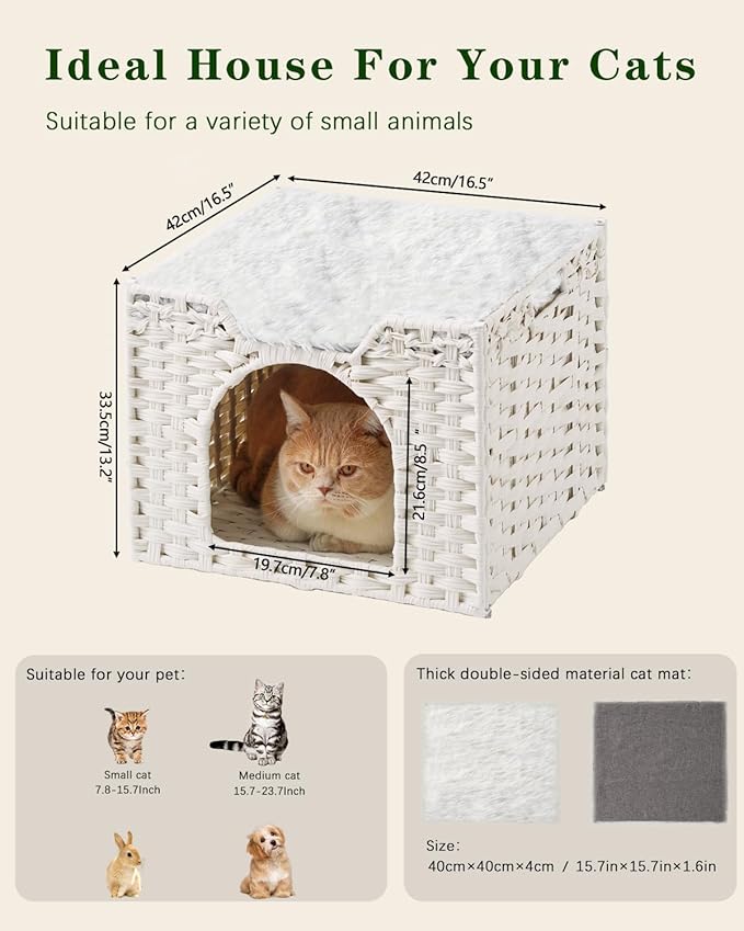Cat Beds Indoor Kitten House, Handwoven Rattan Cat Cave Pet Cube, Large Cat Houses, One Bed Mat, Foldable, Hideaway, 16.5x16.5x13.2 Inches, 2 S-Shaped Hooks in Living Room Bedroom White