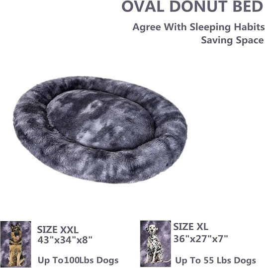 Oval Calming Donut Cuddler Dog Bed,Shag Faux Fur Cat Bed Washable Round Pillow Pet Bed(30"/36"/43") for Small Medium Dogs (XL(36"x27"x7"), Grey2021)